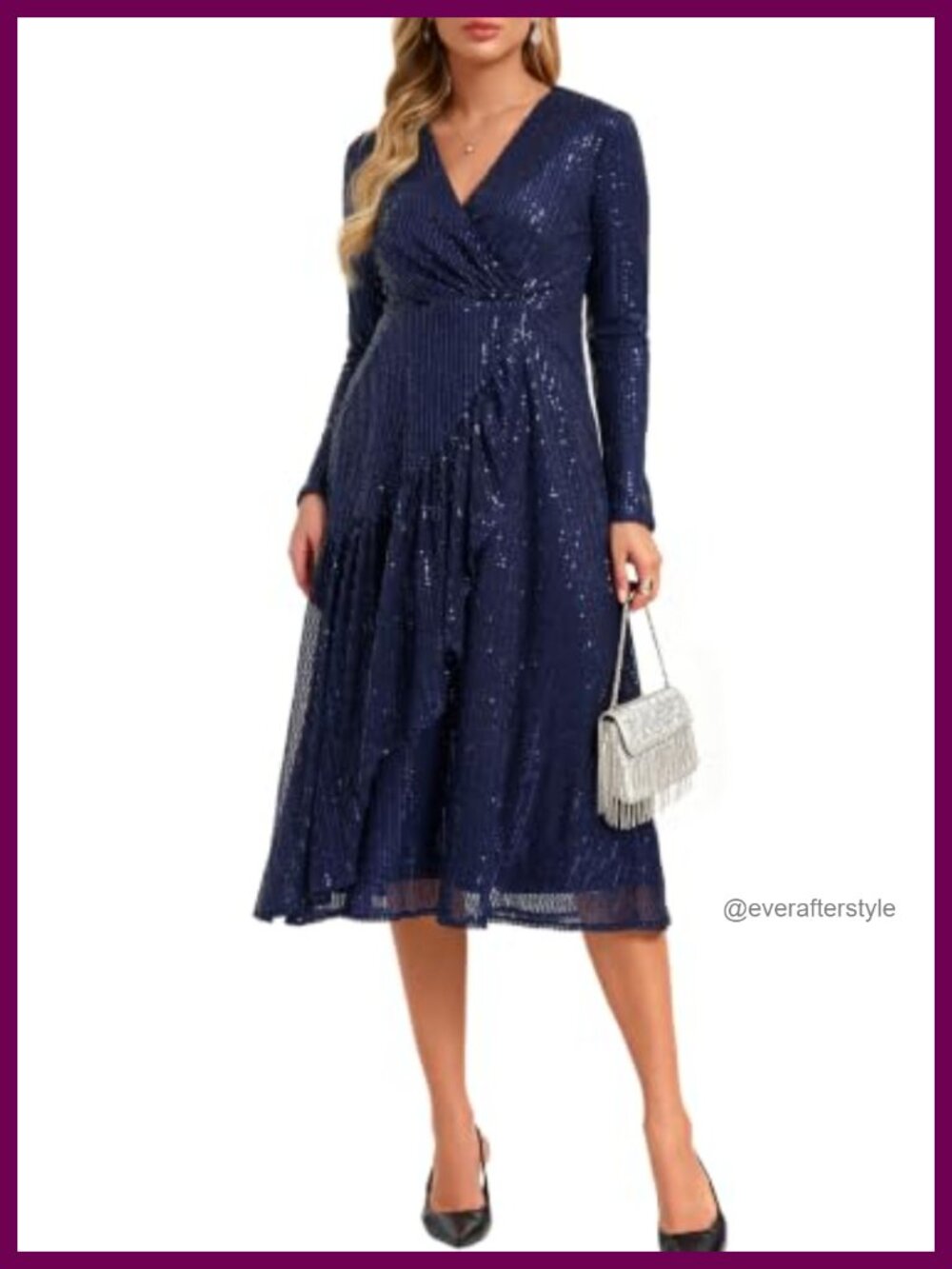 Sequined Wrap V-Neck Long Sleeve Midi Cocktail Dress Ruffle Hem